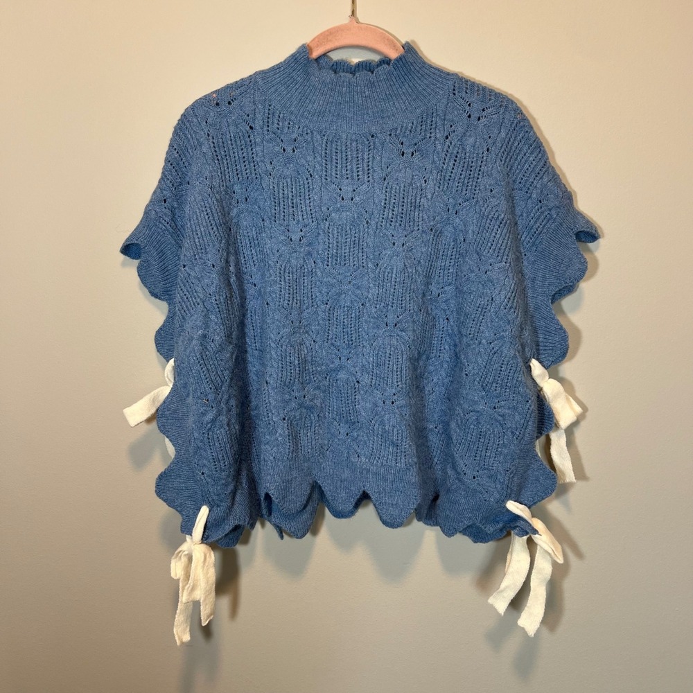 AnnieWear Los Angeles Blue Pointelle Knit Poncho Scalloped Side Tie Sweater L